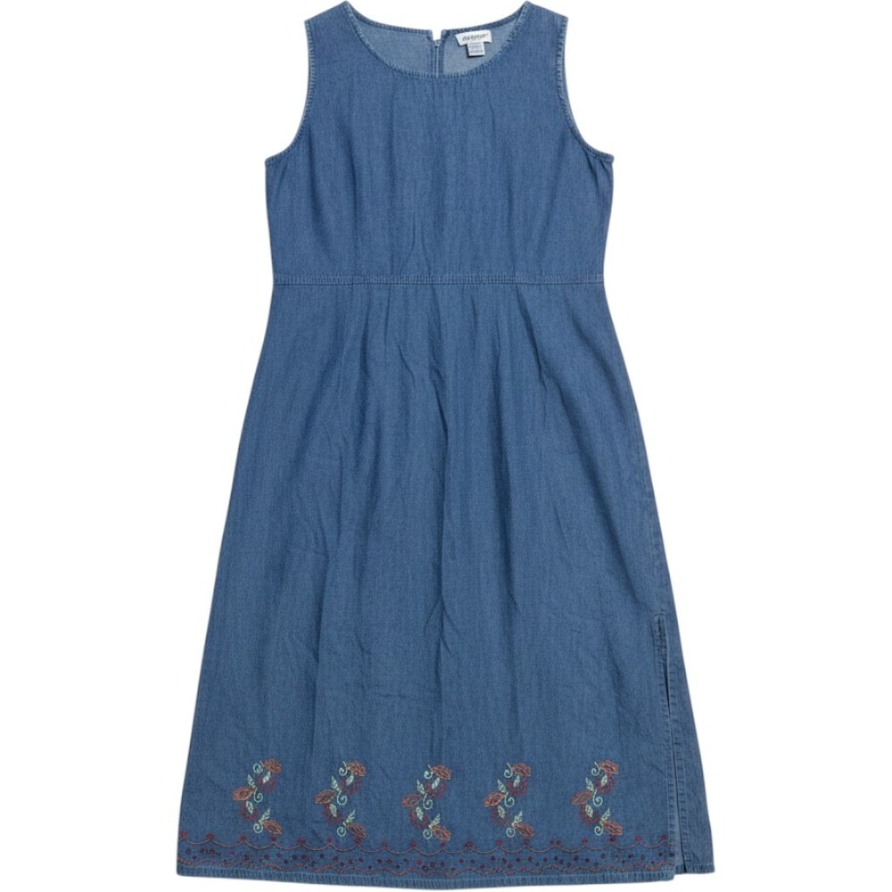 VTG Sarin New York Women XL Blue Denim Maxi Dress Floral‎ Embroidery Hem Slits